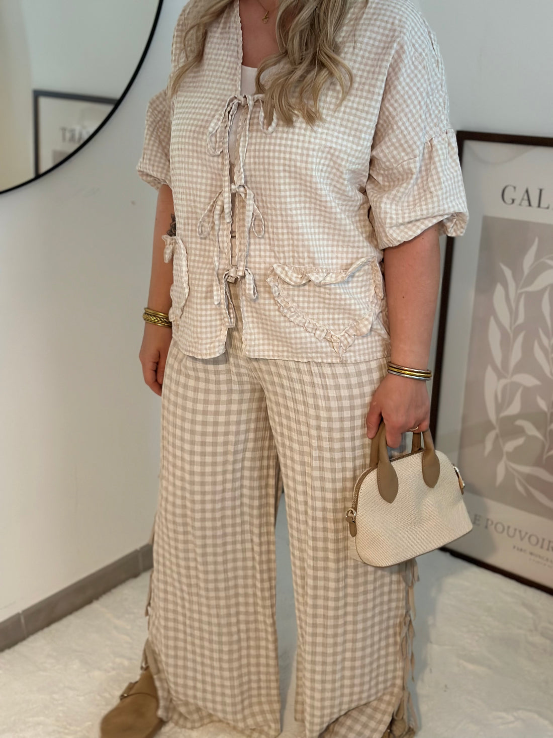 Pantalon Vichy Noeuds Beige