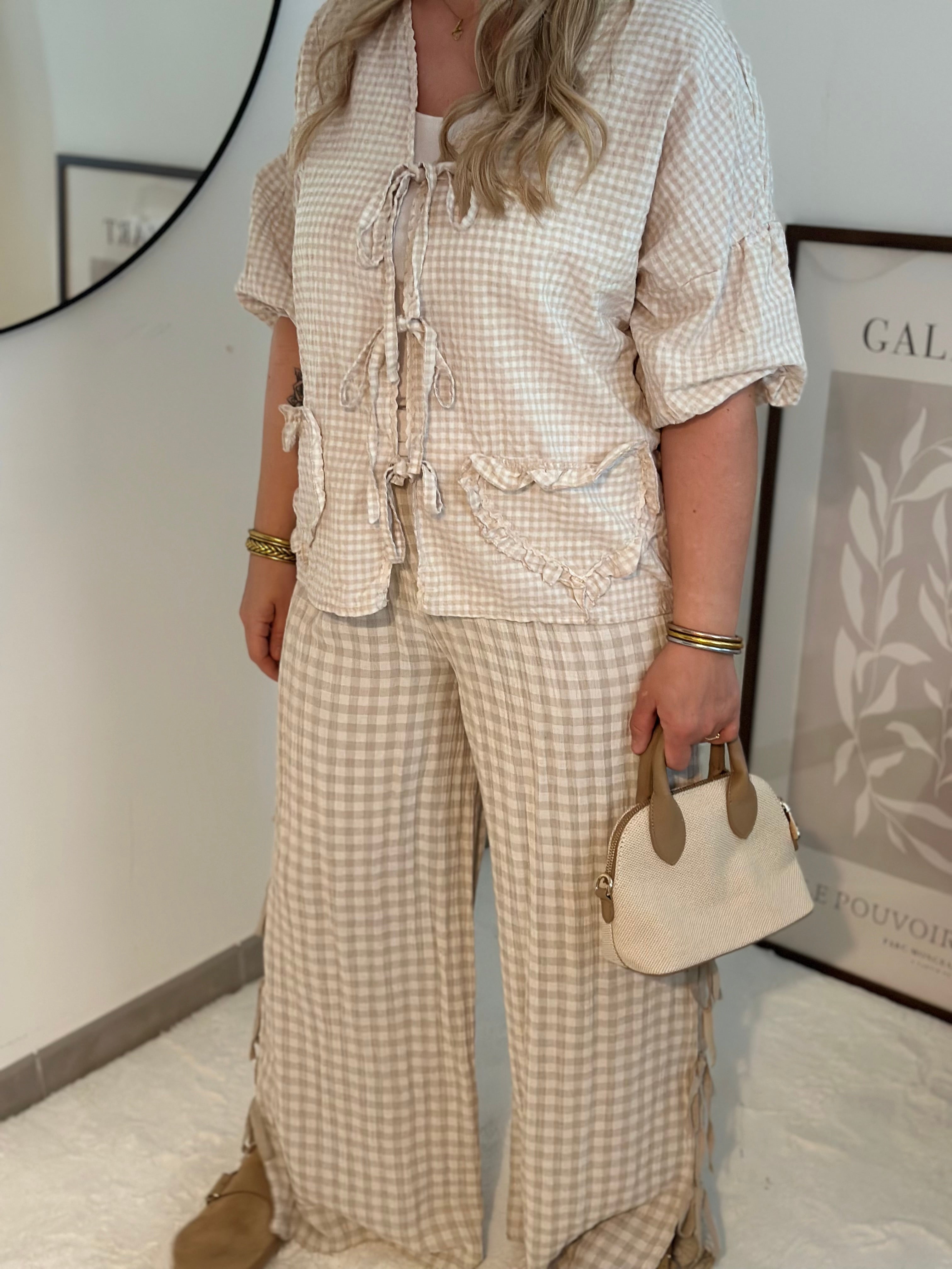 Pantalon Vichy Noeuds Beige